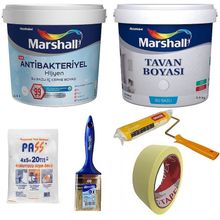 Marshall Tütsü 2.5 lt Antibakteriyel Hijyen Silinebilir Duvar Boyası Marshall 3.5 kg Tavan Boyası ve İzmir Fırça Duvar Boyama Seti