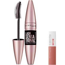 Maybelline New York Lash Sensational Yelpaze Etkili Intense Black Maskara Mini Super Stay Matte Ink Likit Mat Ruj 65 Seductress Makyaj Seti