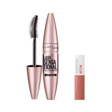 Maybelline New York Lash Sensational Yelpaze Etkili Siyah Maskara Mini Super Stay Matte Ink Likit Mat Ruj 65 Seductress Makyaj Seti