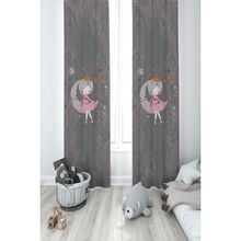 Mekta Home Bebek ve Çocuk Odası Ayda Oturan Kız Pembe Motifli Gri 2 Kanat Fon Perde - 100 x 240 cm - Renkli