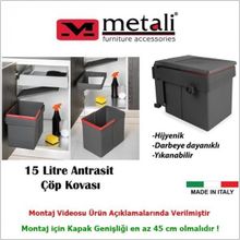 Metali Antrasit 15 Lt Dolap İçi Çöp Kovası