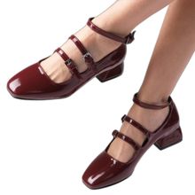 Mio Gusto Baylee Bordo Renk Rugan 3 Bantlı Küt Burunlu Kadın Kısa Topuklu Ayakkabı