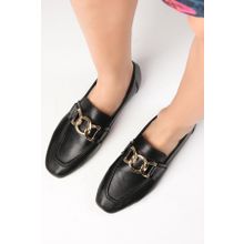 Mio Gusto Dakota Hakiki Deri Siyah Renk Zincir Aksesuarlı Küt Burunlu Kadın Loafer Ayakkabı