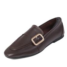 Mio Gusto Martina Hakiki Deri Kahverengi Küt Burunlu Kadın Loafer Ayakkabı