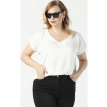 Moda Berray 3203 Beyaz Saten V Yaka Kısa Kollu Büyük Beden Şık Kadın Bluz
