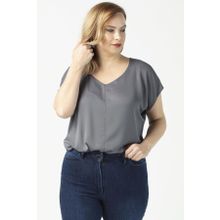 Moda Berray 3203 Gri Saten V Yaka Kısa Kollu Büyük Beden Şık Kadın Bluz