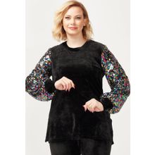 Moda Berray 3232 Siyah Kadife Kolu Disko Payetli Büyük Beden Kadın Bluz