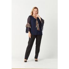 Moda Berray 4039 Lacivert Leopar Desenli Volan Kollu Büyük Beden Kadın Bluz