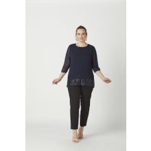 Moda Berray 4046 Lacivert Şifon Payet Dantel Kombinli Büyük Beden Şık Kadın Bluz