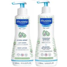 Mustela 500 ml Yenidoğan Saç ve Vücut Şampuanı + 300 ml Hydra Bebek Vücut Losyonu