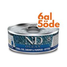 N&D 6x80 gr 6 Al 5 Öde Ocean Kitten Ton Balığı Morina Balığı Karides ve Balkabaklı Yavru Kedi Konservesi
