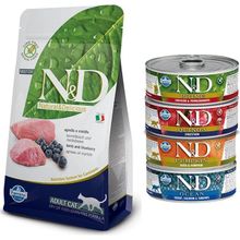 N&D Tahılsız Kuzu Yaban Mersini 1,5 kg Kedi Maması + 4'lü 80 gr Karışık Konserve