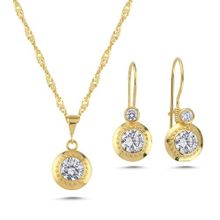Nereze 925 Ayar Gümüş Burgu Zincirli Gold Tektaş Model Küpe ve Kolye Set