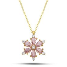 Nereze 925 Ayar Gümüş Gold Kaplama Pembe Taşlı Kamelya Çiçeği Kolye