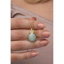 Nereze 925 Ayar Gümüş Gold Kaplama Turkuaz Taşlı Ananas Kolye