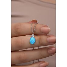Nereze 925 Ayar Gümüş Rodyum Kaplama Oval Mavi Opal Taşlı Kolye