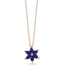 Nereze 925 Ayar Rose Mavi Taşlı Lotus Çiçeği Kadın Gümüş Kolye