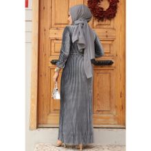 Neva Style 22751FU Pileli Füme Kadife Tesettür Elbise