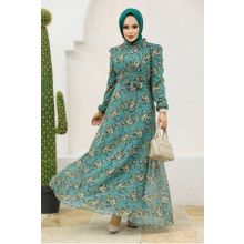 Neva Style 27947CY Çiçek Desenli Çağla Yeşili Tesettür Elbise