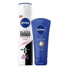 Nivea B&W 150 ml Clear Kadın Sprey Deodorant+Nivea 75 ml Nemlendirici El Bakım Kremi