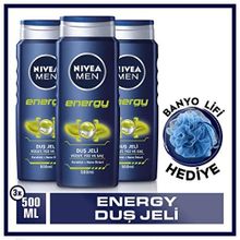 Nivea Men Energy 3x500 ml Duş Jeli Vücut Yüz Ve Saç Şampuanı + Banyo Lifi