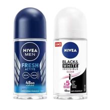 Nivea Men Fresh Active 50 ml Erkek Roll On Deodorant ve Black White Invisible Clear 50 ml Kadın Roll On Deodorant