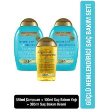 OGX Argan Oil of Morocco 385 ml Nemlendirici Sülfatsız Şampuan + Argan Oil of Morocco 385 ml Saç Kremi + Argan Oil of Morocco 100 ml Saç Bakım Yağı