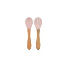 Oioi Pinky Pink Bambu Saplı Silikon Mama Kaşığı ve Çatal