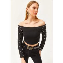 Olalook BLZ-19002514 Siyah Kolları Boncuk Detaylı Kadın Bluz