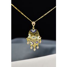 Papatya Silver 925 Ayar Gold Kaplama Zirkon Pembe Taşlı Nazar Gözlü Mineli Fatma Eli Gümüş Kolye