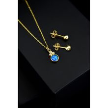 Papatya Silver 925 Ayar Gümüş Gold Kaplama Mavi Opal Yuvarlak Kolye Çivili Top Küpe Set