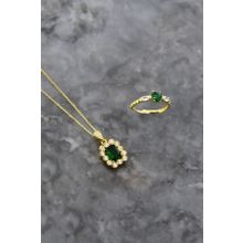 Papatya Silver 925 Ayar Gümüş Gold Kaplama Yeşim Renkli Taş Tepelikli Kare Tasarım Kolye ve Kalp Yüzük Set