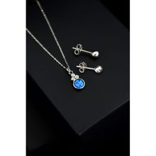 Papatya Silver 925 Ayar Gümüş Mavi Opal Yuvarlak Kolye Çivili Top Küpe Set