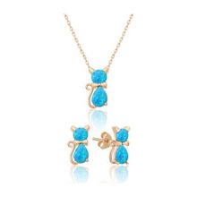 Papatya Silver 925 Ayar Gümüş Opal Taşlı Kedi Kadın Küpe Kolye