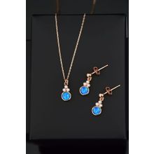 Papatya Silver 925 Ayar Gümüş Rose Kaplama Mavi Opal Yuvarlak Kolye ve Çiftli Küpe