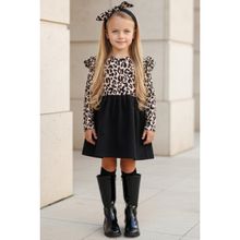 Parla Kids ELB-0059 Leopar Desenli Uzun Kollu Fırfırlı Kız Çocuk Elbise Bandana Takım