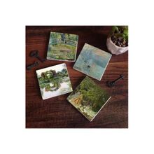 Pinecone SC530 4 Parça Set 10x10 cm Stone Coasters Monet Gül Çiçekli Kemer Kırda Öğle Yemeği İzlenim Gün Doğumu Nilüfer Gölü Taş Bardak Altlığı Masaüstü Koruyucu Altlık