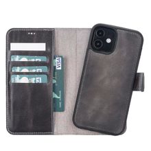 Plm VS4EF Apple iPhone 12 Pro Uyumlu Gri Deri Cüzdanlı Kılıf
