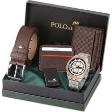 Polo Air PL-0856E3 Gümüş Bakır Erkek Kol Saati Cüzdan Kemer Kartlık Set
