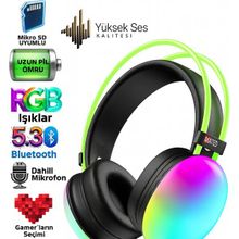 Qasul Rgb LED Işıklı Bluetooth 5.3 Oyuncu Kulaklığı – Mikro Sd, Dahili Mikrofon, Extra Bass - Siyah