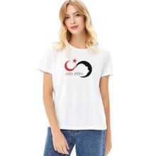 Qivi 10 Kasım Suliyet Türk Bayrağı Baskılı Beyaz Kadın Örme T-shirt