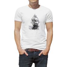Qivi Amiral Gemisi Çizim Yelkenli Gemi Kalem Baskılı Baskılı Beyaz Erkek Örme T-shirt