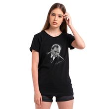 Qivi Atatürk Portre Baskılı Siyah Kadın Örme T-shirt