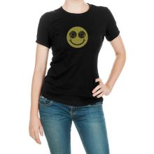 Qivi Dj Smile Baskılı Örme Siyah Kadın T-shirt