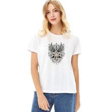 Qivi Kafatası ve Kanatlar ile Gri Kılıç Baskılı Kadın Beyaz Örme T-shirt