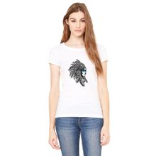 Qivi Kızılderili Kadın Baskılı Mavi Şeritli Baskılı Beyaz Örme Kadın T-shirt
