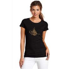 Qivi Osmanlı Tuğrası Baskılı Siyah Kadın Örme T-shirt