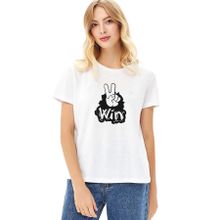 Qivi Peace Win Baskılı Beyaz Örme Kadın T-shirt