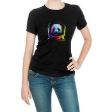 Qivi SFK0785KDNTS Uzaylı Panda Astronaut Panda Asronot Uzay Baskılı Siyah Örme Kadın T-shirt