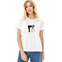 Qivi Silhouette Photography Baskılı Beyaz Örme Kadın T-shirt